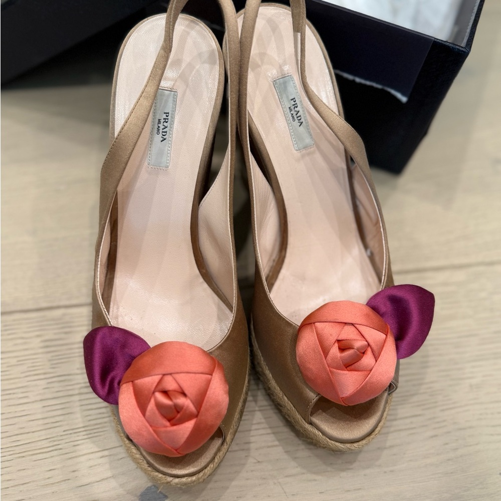Prada Women's Tan Wedge Sandals with Rose Accent
